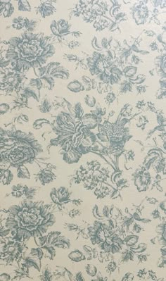 a blue and white floral wallpaper with many flowers on the back half of it