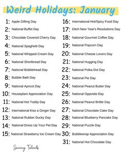 the national holiday calendar is shown in blue, yellow and white with words that read weird holidays