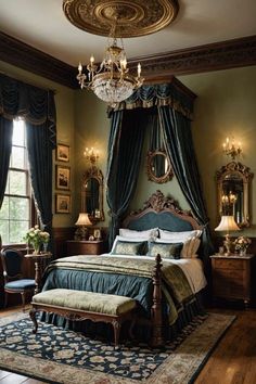 a bed sitting in a bedroom under a chandelier next to a window with curtains