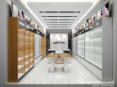 an apple store with glass cases and wooden shelves