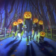 a group of people walking down a road with pumpkins on their heads and hands