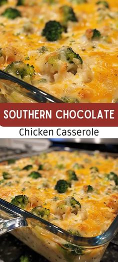 chicken casserole with broccoli and cheese in a glass dish