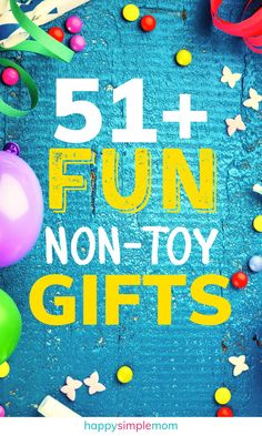 colorful balloons, streamers and confetti are featured in this fun non - toy gift card