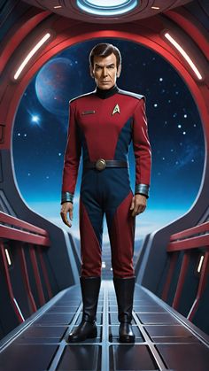 a man standing in front of a doorway wearing a star trek uniform