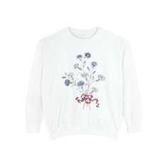 Our Floral Bouquet Crewneck Sweatshirt comes in Comfort Colors style.  It's made with 80% ring-spun cotton and 20% polyester.  Comfort Colors crewnecks have relaxed fit, a rolled-forward shoulder, and a back neck  *Size up for an oversized look 80% ring-spun cotton, 20% polyesterMedium-heavy fabricRelaxed fit   S M L X Back Neck, Floral Bouquets