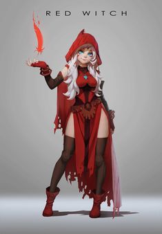 a woman dressed as a red witch holding a bird in one hand and a knife in the other