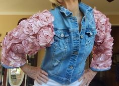 Wow! this adorable jean jacket with the pink puff sleeves is stunning and will be a head turner for sure! You can't go wrong picking this out for your trendy wardrobe! This upscale jacket is a size medium and has been prewashed and has such a nice fade and distressing which makes it soft and comfortable and in style! Join the trend! Boho Jacket, Embellished Denim, Upcycled Denim, Jean Jackets, Puff Sleeves, Christmas Outfit, New Outfits