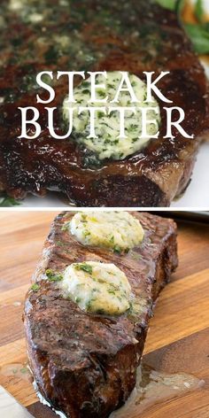 steak butter on a wooden cutting board with green beans