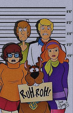 the scooby gang mugs are holding up a sign that says ruh - roh