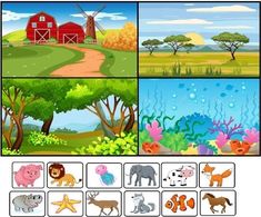 four different scenes with farm animals and trees in the foreground, along with an image of