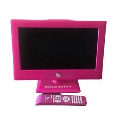 a pink computer monitor and remote control on a white background with the words hello kitty printed on it