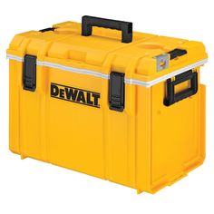 a large yellow tool box with black handles