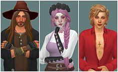 three different poses of people with long hair and wearing hats, one is dressed as a witch