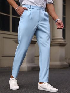 Men Solid Color Simple Daily Matching Suit Pants Blue    Woven Fabric Plain  Non-Stretch  Men Clothing, size features are:Bust: ,Length: ,Sleeve Length: Baby Blue Mens Dress Pants, Luxury Men's Dress Pants With Standard Cut Leg, Dusty Blue Mens Pants, Blue Pants Outfit Men, Bright Blue Suit, Baby Blue Pants, Blue Pants Outfit, Groomsmen Ideas, Blue Suit Men