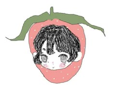 a drawing of a boy with long hair and big eyes standing in front of a strawberry