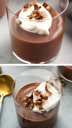 two pictures side by side one has chocolate pudding and the other has whipped cream in it