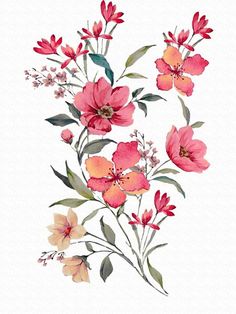 watercolor painting of pink and orange flowers