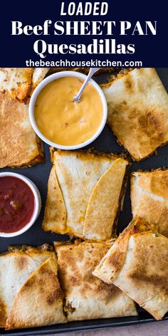 grilled beef sheet pan quesadillas on a tray with dipping sauces