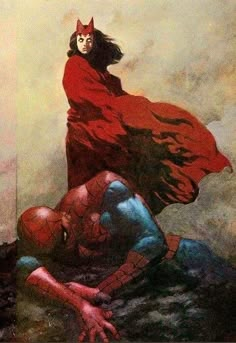 a painting of a woman in a red cape and spider - man suit with her hands on the ground