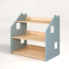 a wooden shelf with two shelves on each side and one section missing from the top