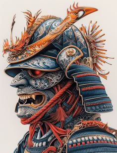 an artistic drawing of a samurai warrior in blue and red armor with orange feathers on his head