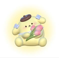 a yellow teddy bear holding a pink flower