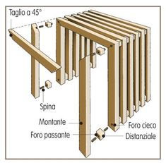 the parts of a wooden bench are labeled in spanish and english, along with instructions on how to build it