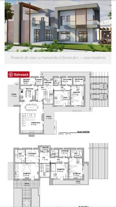 two story house plan with three floors and an open floor plan for the first level