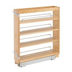 an empty wooden shelf with four shelves on each side and two metal rails at the bottom