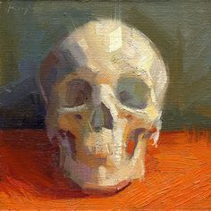 a painting of a white skull on an orange table