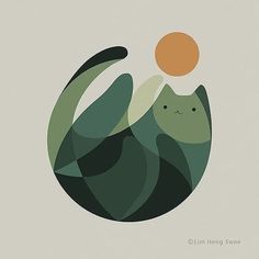 a cat sitting in the middle of a leafy green circle with an orange sun above it