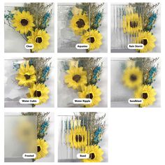 six pictures of sunflowers in different stages of blooming, with text describing how to arrange them