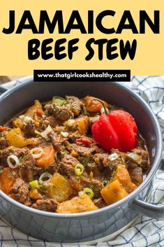 Classic Jamaican Beef Stew close up in a grey serving dish. Jamaican Beef Stew Recipe, Jamaican Beef Stew, Red Potato Salad Recipe, Stew Beef, Jamaican Dishes, Soul Food Dinner, One Pot Meal, Beef And Potatoes, Healthy Recipes On A Budget