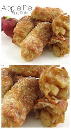 apple pie egg rolls are stacked on top of each other with apples in the background