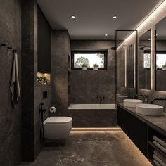 a modern bathroom with two sinks and a tub