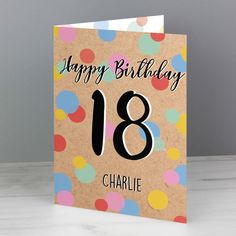 Personalised birthday card featuring coloured dots on the front and personalised writing in black. Happy Birthday 18th, 80th Birthday Cards, Confetti Birthday, Special Symbols, Keepsake Books, Can Crafts, 80th Birthday, 18th Birthday, Personalized Card