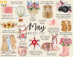 a poster with many different things to see in the picture and it says may bucket list