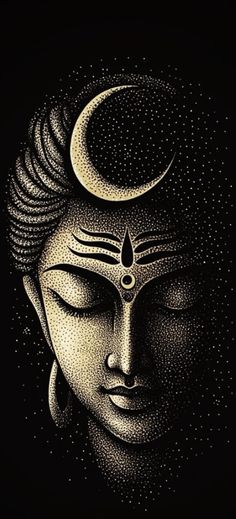 the face of buddha in black and white with dots on it's forehead, eyes closed