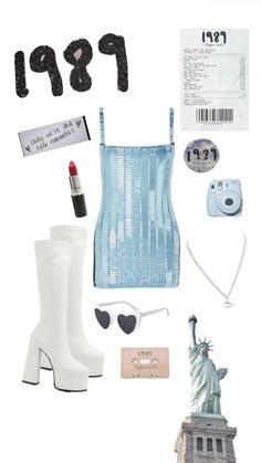 the statue of liberty is surrounded by items from her new york city trip, including white boots and sunglasses