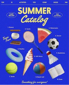 a poster with different types of food and items for the summer catallog on it