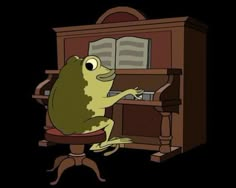 a frog sitting on top of a chair in front of an old fashioned piano and playing the piano