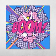 the word boom on a blue background with pink and yellow rays coming out of it