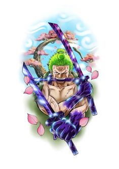 an anime character with green hair holding two swords and surrounded by pink flowers on a white background