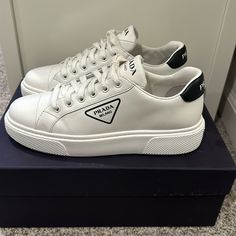 100% Authentic. Purchased Directly From Prada. Ships With The Box From A Pet And Smoke Free Home. Worn Once. Brand New Condition. Prada Sneakers Women Outfit, Prada Shoes Outfit, Prada Sneaker, Prada Sneakers, Shoes Prada, Prada Shoes, White Sneakers, The Box, Unique Fashion