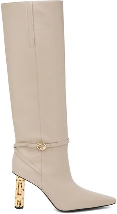 Knee-high buffed calfskin boots in beige. · Pointed toe · Criss-crossing pin-buckle ankle strap · Concealed elasticized gussets at collar · Grained calfskin lining · Logo hardware at block heel · Treaded goatskin sole with rubber injection · Heel: H3.25 in Supplier color: Beige Beige Knee High Boots, Givenchy Boots, Givenchy Clothing, Round Toe Shoes, Woman Clothes, Givenchy Women, Buckle Boots, Boots Knee, Over The Knee Boots