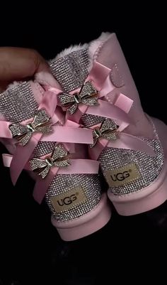 ugg boots/ glam boots/ boots aesthetic/ pink boots/ winter boots/ Cute Girly Shoes, Bedazzled Uggs, Pink Uggs Outfit, Ugg Glitter Boots, Pink Fluffy Boots, Uggs Pink Boots, Uggs Pink, Glitter Ugg Boots For Woman