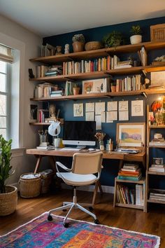 a home office with shelves full of books and plants