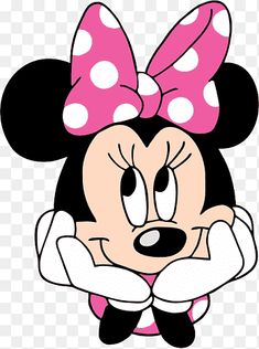 minnie mouse with pink and white polka dots on it's head, looking over her shoulder