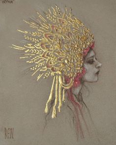 a drawing of a woman's head with gold hair and jewelry on her head