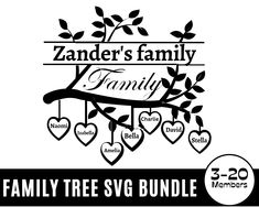 the family tree svg bundle is shown with hearts and leaves in black on a white background